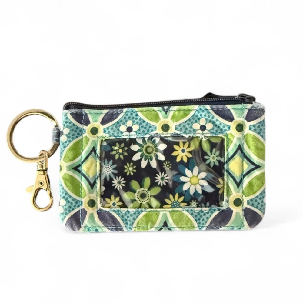 Vera Bradley Blue Green Daisy ID Card Holder Zip Coin Keychain Floral